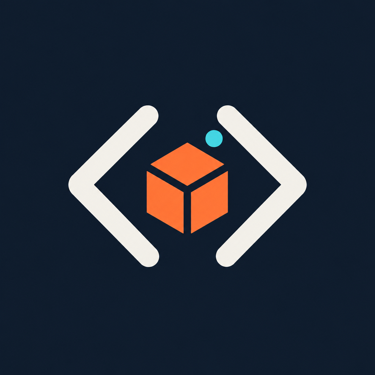 Logo: Codeklammern um einen orangefarbenen Würfel